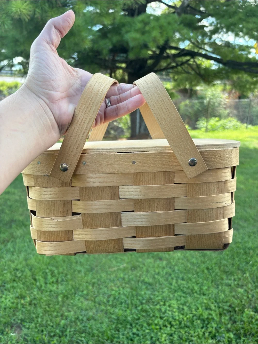 Woven mini Picnic Basket with Double Handles - Natural Wood Tone